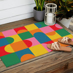 Colorful Mid Century Bauhaus Geometric Abstraction squares and half circles pattern bold colors Outdoor Rug Gallery Image 2