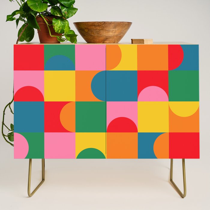 Colorful Mid Century Bauhaus Geometric Abstraction squares and half circles pattern bold colors Credenza Gallery Image 1