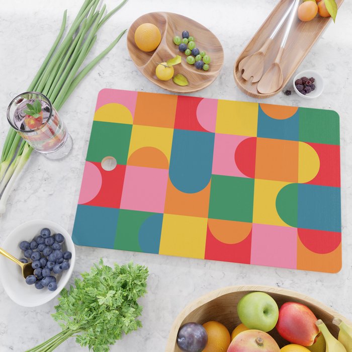 Colorful Mid Century Bauhaus Geometric Abstraction squares and half circles pattern bold colors Cutting Board Gallery Image 2