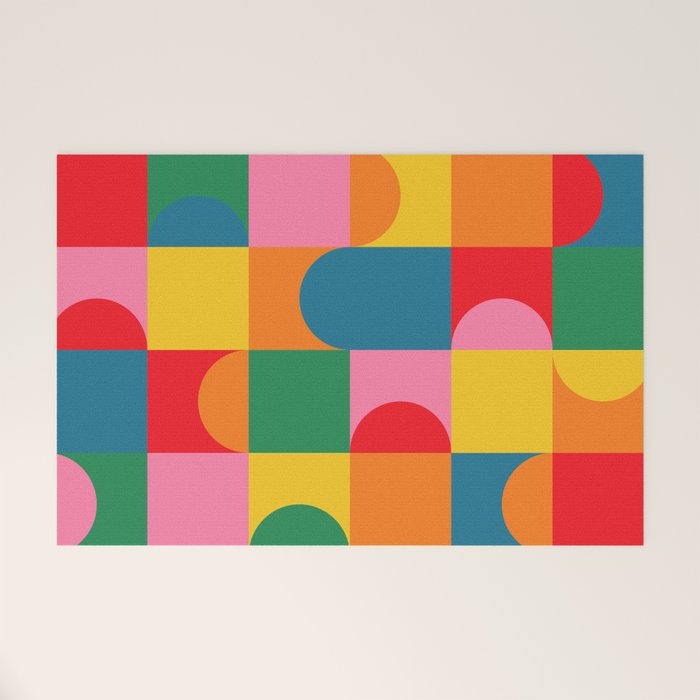 Colorful Mid Century Bauhaus Geometric Abstraction squares and half circles pattern bold colors Welcome Mat Gallery Image 1