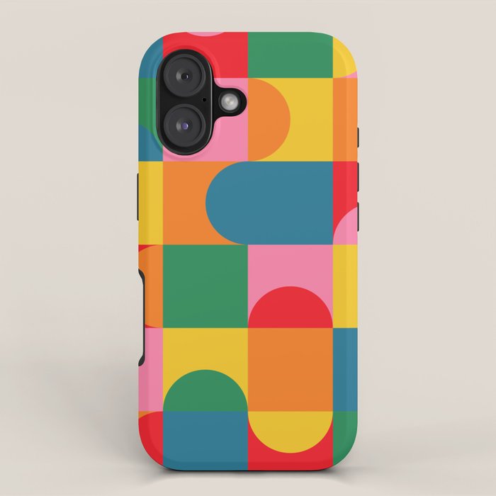 Colorful Mid Century Bauhaus Geometric Abstraction squares and half circles pattern bold colors iPhone Case Gallery Image 1