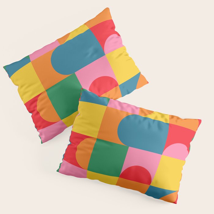 Colorful Mid Century Bauhaus Geometric Abstraction squares and half circles pattern bold colors Pillow Sham Gallery Image 3