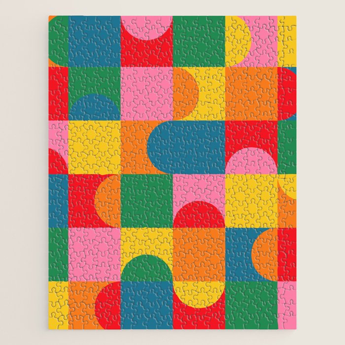 Colorful Mid Century Bauhaus Geometric Abstraction squares and half circles pattern bold colors Jigsaw Puzzle Gallery Image 1