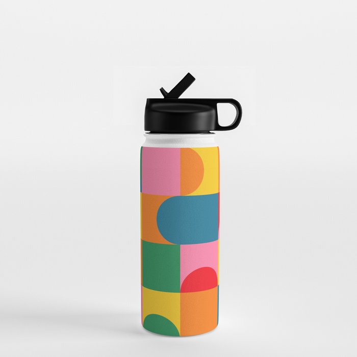 Colorful Mid Century Bauhaus Geometric Abstraction squares and half circles pattern bold colors Water Bottle Gallery Image 1