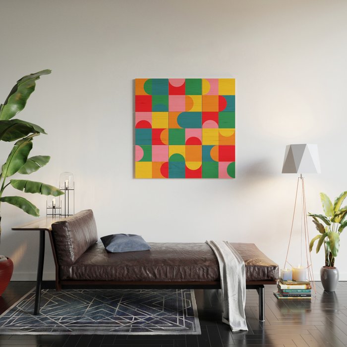 Colorful Mid Century Bauhaus Geometric Abstraction squares and half circles pattern bold colors Wood Wall Art Gallery Image 2