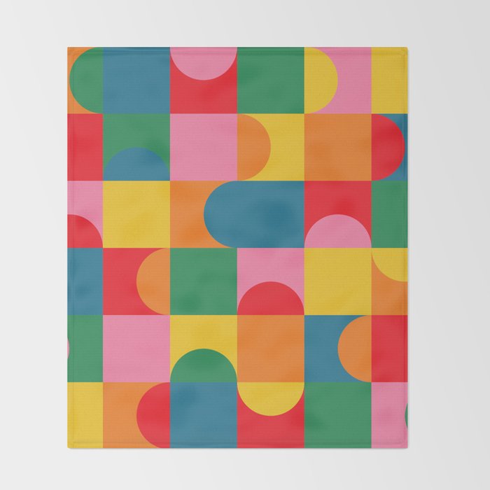 Colorful Mid Century Bauhaus Geometric Abstraction squares and half circles pattern bold colors Throw Blanket Gallery Image 2