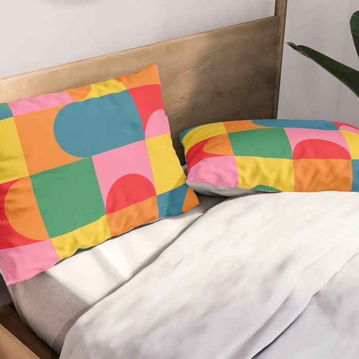 Colorful Mid Century Bauhaus Geometric Abstraction squares and half circles pattern bold colors Pillow Sham Gallery Image 2