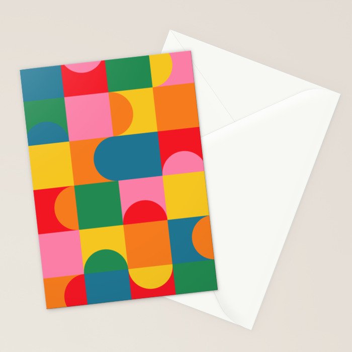 Colorful Mid Century Bauhaus Geometric Abstraction squares and half circles pattern bold colors Stationery Card Gallery Image 2
