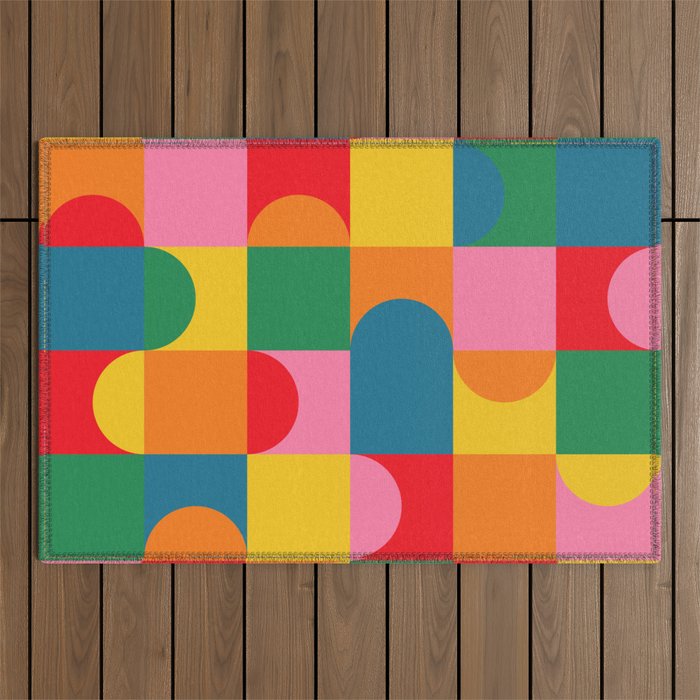 Colorful Mid Century Bauhaus Geometric Abstraction squares and half circles pattern bold colors Outdoor Rug Gallery Image 1