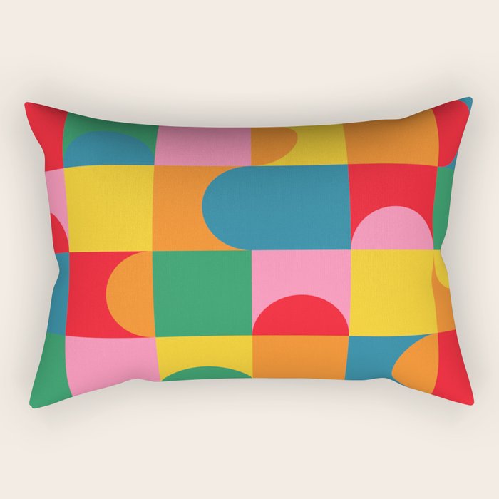 Colorful Mid Century Bauhaus Geometric Abstraction squares and half circles pattern bold colors Rectangular Pillow Gallery Image 1