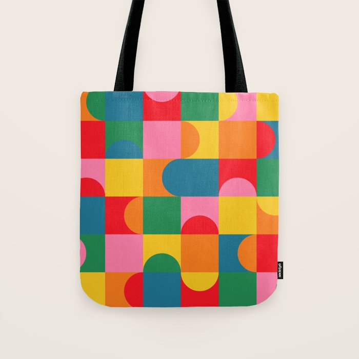 Colorful Mid Century Bauhaus Geometric Abstraction squares and half circles pattern bold colors Tote Bag Gallery Image 1