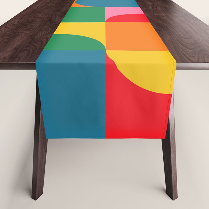 Colorful Mid Century Bauhaus Geometric Abstraction squares and half circles pattern bold colors Table Runner Gallery Image 1