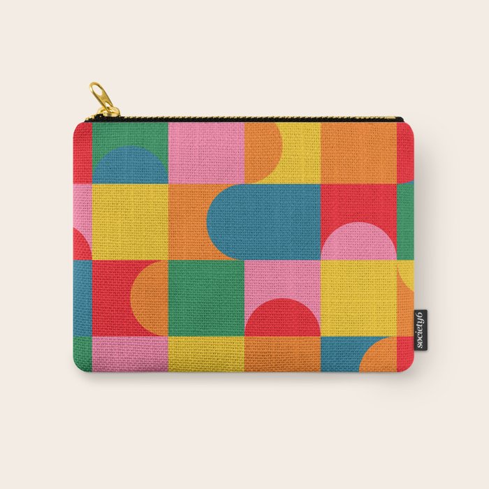 Colorful Mid Century Bauhaus Geometric Abstraction squares and half circles pattern bold colors Carry All Pouch Gallery Image 1