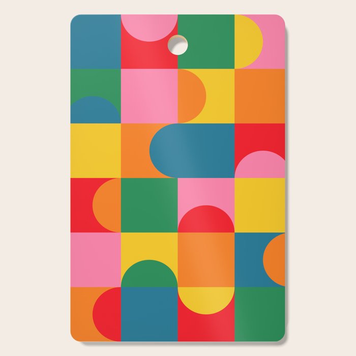 Colorful Mid Century Bauhaus Geometric Abstraction squares and half circles pattern bold colors Cutting Board Gallery Image 1