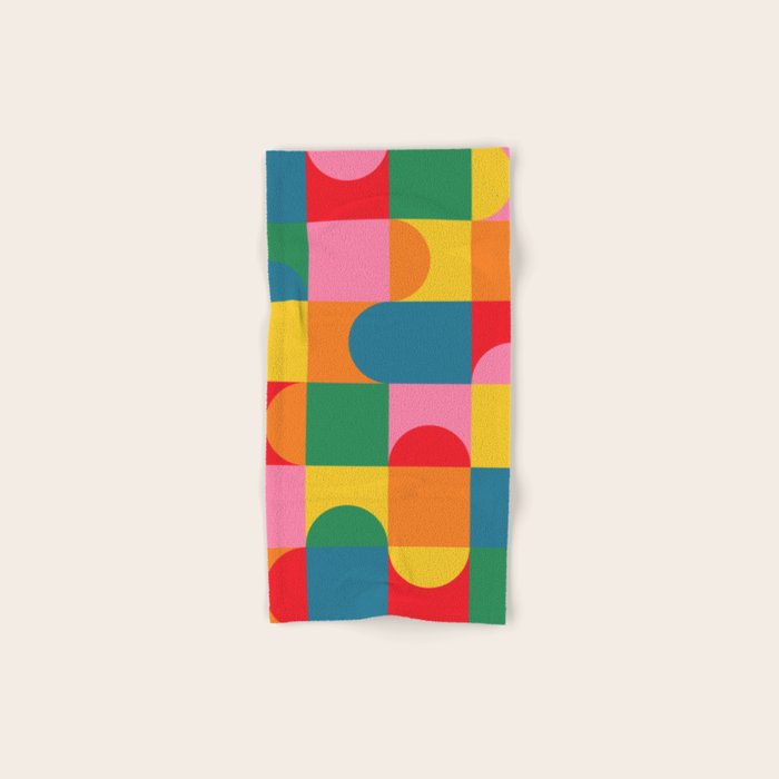 Colorful Mid Century Bauhaus Geometric Abstraction squares and half circles pattern bold colors Bath Towel Gallery Image 1