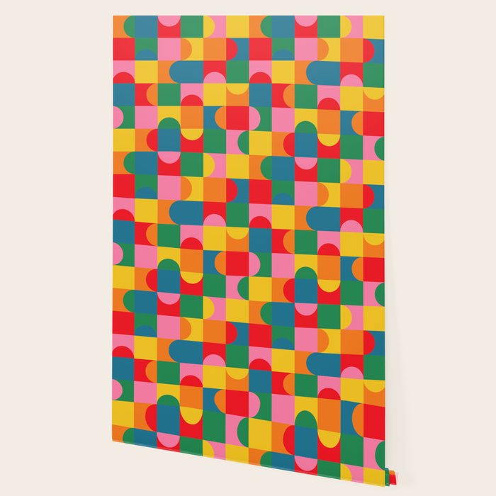 Colorful Mid Century Bauhaus Geometric Abstraction squares and half circles pattern bold colors Wallpaper Gallery Image 2