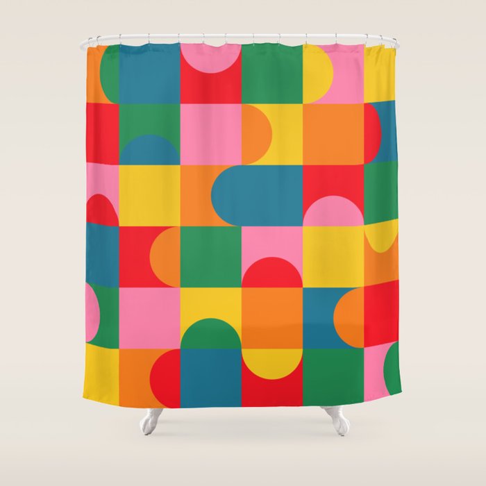 Colorful Mid Century Bauhaus Geometric Abstraction squares and half circles pattern bold colors Shower Curtain Gallery Image 1