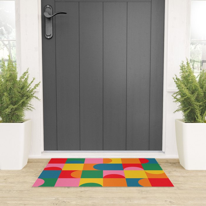 Colorful Mid Century Bauhaus Geometric Abstraction squares and half circles pattern bold colors Welcome Mat Gallery Image 3