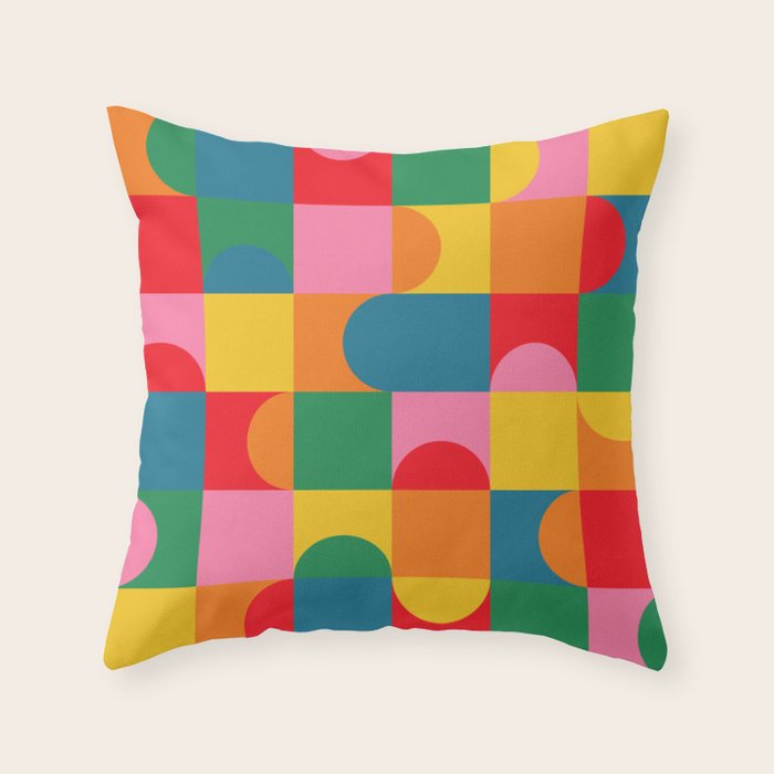 Colorful Mid Century Bauhaus Geometric Abstraction squares and half circles pattern bold colors Throw Pillow Gallery Image 6