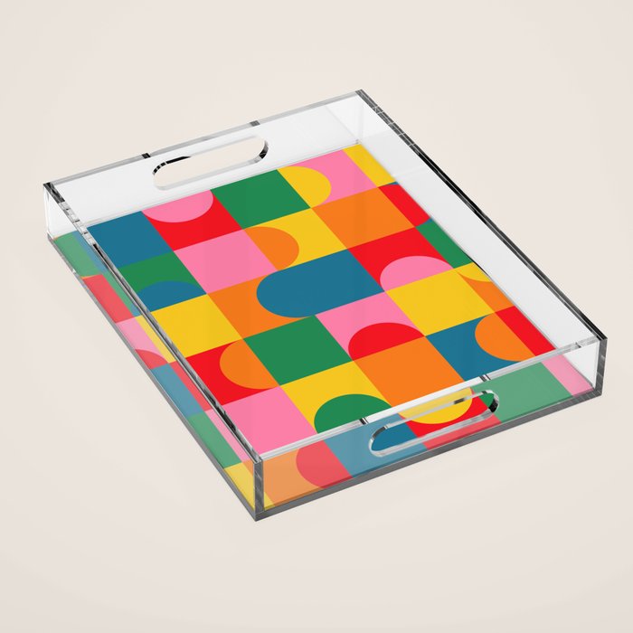 Colorful Mid Century Bauhaus Geometric Abstraction squares and half circles pattern bold colors Acrylic Tray Gallery Image 1