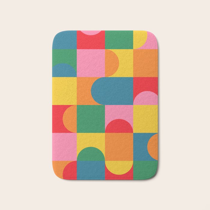 Colorful Mid Century Bauhaus Geometric Abstraction squares and half circles pattern bold colors Bath Mat Gallery Image 1