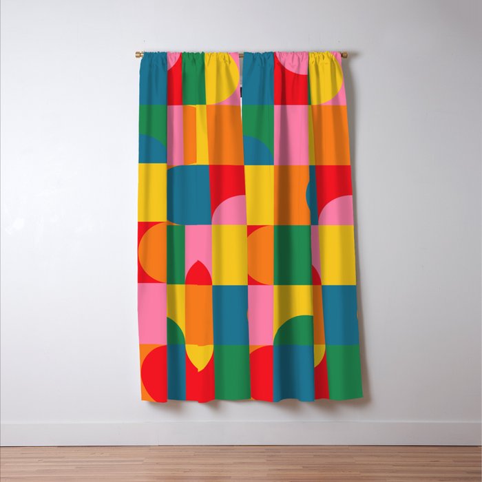 Colorful Mid Century Bauhaus Geometric Abstraction squares and half circles pattern bold colors Window Curtain Gallery Image 3