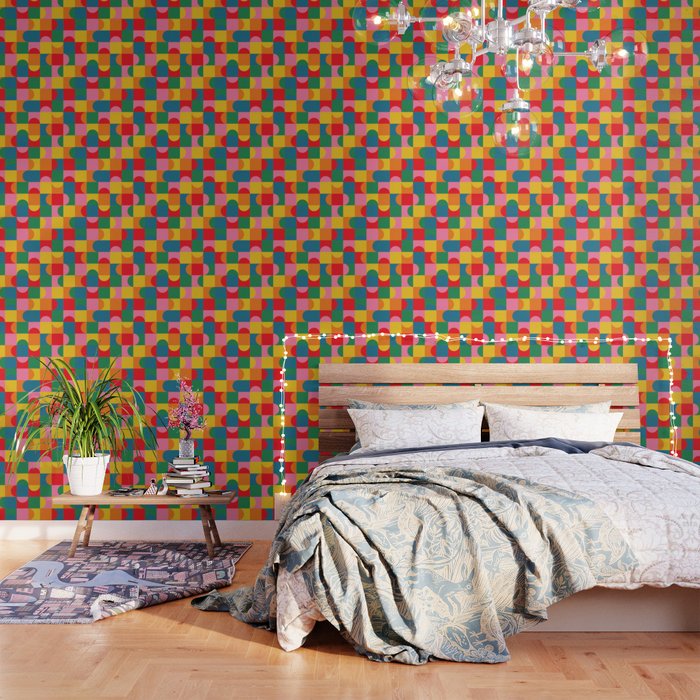 Colorful Mid Century Bauhaus Geometric Abstraction squares and half circles pattern bold colors Wallpaper Gallery Image 1