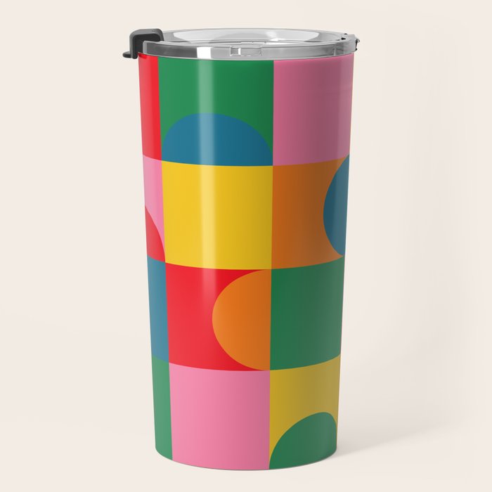Colorful Mid Century Bauhaus Geometric Abstraction squares and half circles pattern bold colors Travel Mug Gallery Image 3