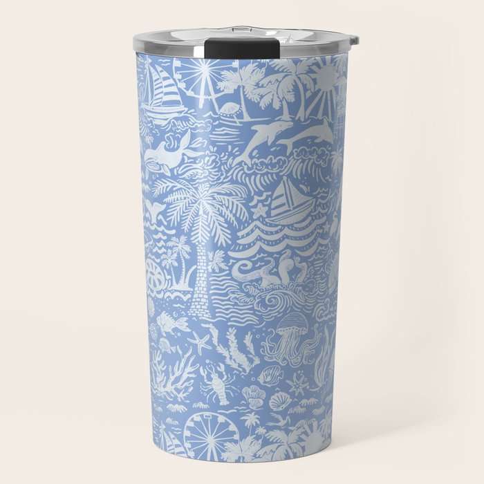 Coastal Daydreams Blue & White Ocean Collage Pattern Travel Mug Gallery Image 1