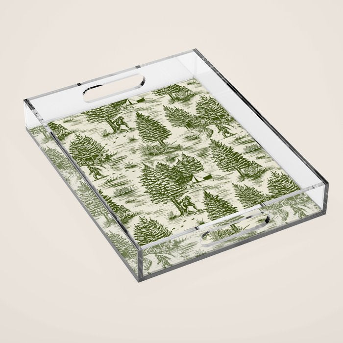 Bigfoot / Sasquatch Toile de Jouy in Forest Green Acrylic Tray Gallery Image 1
