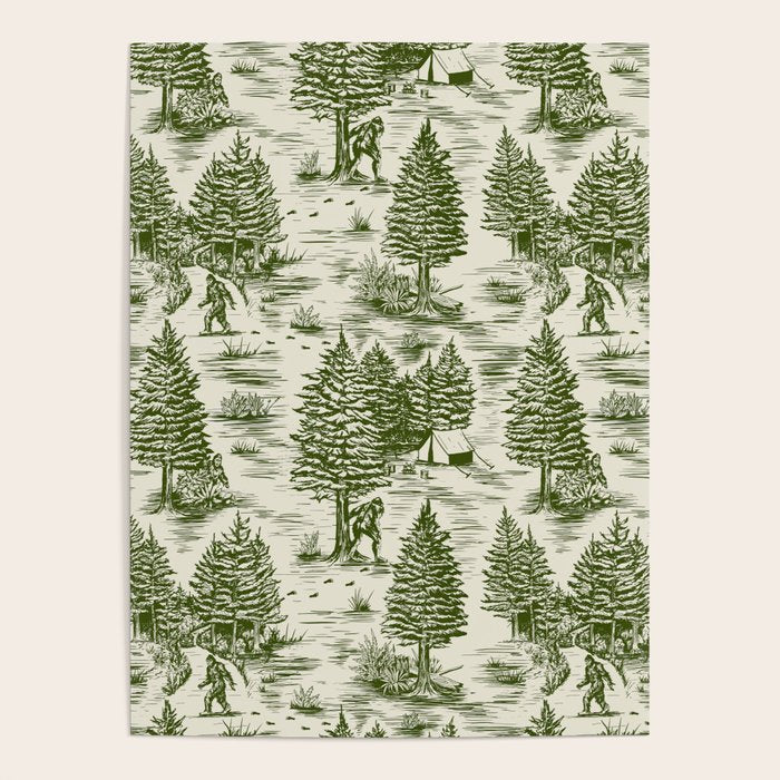 Bigfoot / Sasquatch Toile de Jouy in Forest Green Poster Gallery Image 4