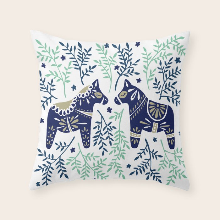 Swedish Dala Horse - Navy & Mint Palette Throw Pillow Gallery Image 6