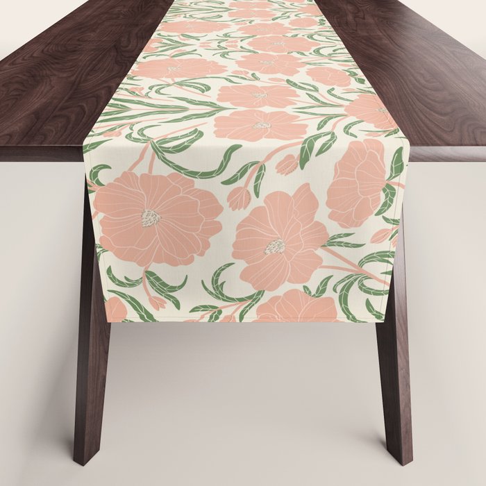 Pastel Peach Peonies - Retro botanical Table Runner Gallery Image 1