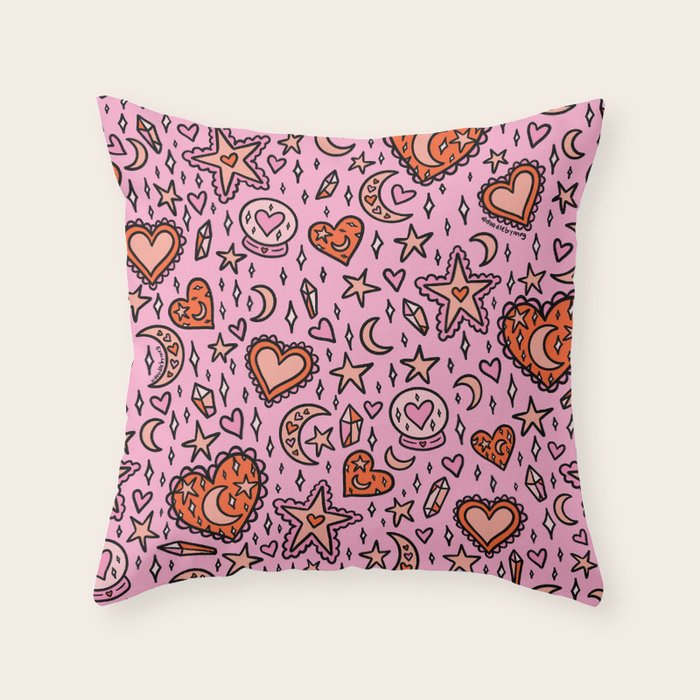 Love Witch Print in Pink Throw Pillow Gallery Image 1