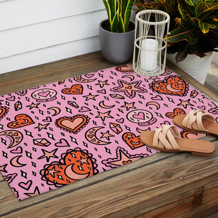 Love Witch Print in Pink Outdoor Rug Gallery Image 2