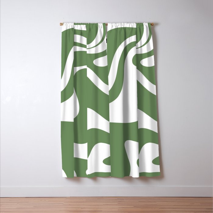 Retro Liquid Swirl Contemporary Abstract Pattern 2 in Fern Green and White Window Curtain Gallery Image 3