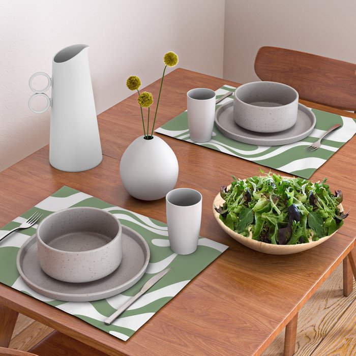 Retro Liquid Swirl Contemporary Abstract Pattern 2 in Fern Green and White Placemat Gallery Image 2