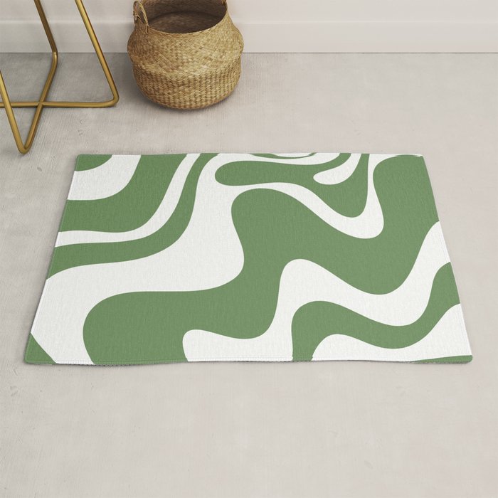 Retro Liquid Swirl Contemporary Abstract Pattern 2 in Fern Green and White Rug Gallery Image 1