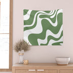 Retro Liquid Swirl Contemporary Abstract Pattern 2 in Fern Green and White Wall Tapestry Gallery Image 2