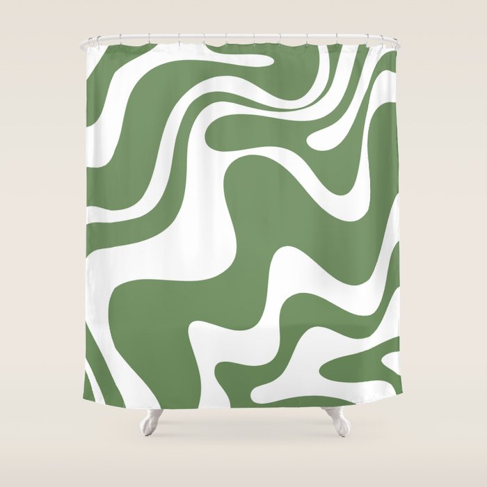 Retro Liquid Swirl Contemporary Abstract Pattern 2 in Fern Green and White Shower Curtain Gallery Image 1