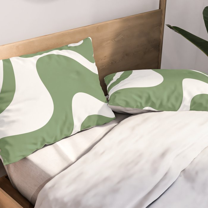Retro Liquid Swirl Contemporary Abstract Pattern 2 in Fern Green and White Pillow Sham Gallery Image 2