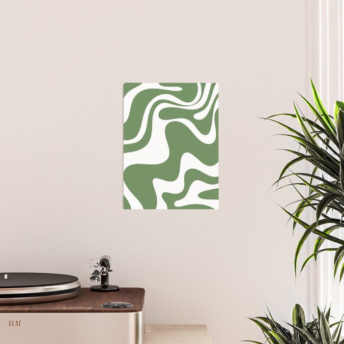 Retro Liquid Swirl Contemporary Abstract Pattern 2 in Fern Green and White Poster Gallery Image 2