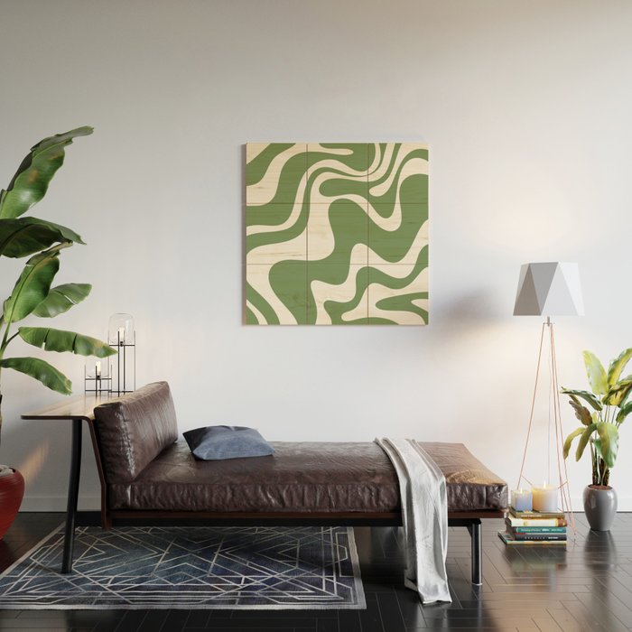 Retro Liquid Swirl Contemporary Abstract Pattern 2 in Fern Green and White Wood Wall Art Gallery Image 2
