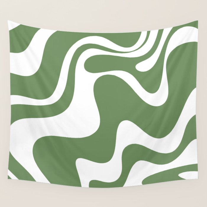 Retro Liquid Swirl Contemporary Abstract Pattern 2 in Fern Green and White Wall Tapestry Gallery Image 4