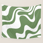 Retro Liquid Swirl Contemporary Abstract Pattern 2 in Fern Green and White Wall Tapestry Gallery Image 4
