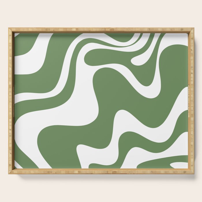 Retro Liquid Swirl Contemporary Abstract Pattern 2 in Fern Green and White Serving Tray Gallery Image 1