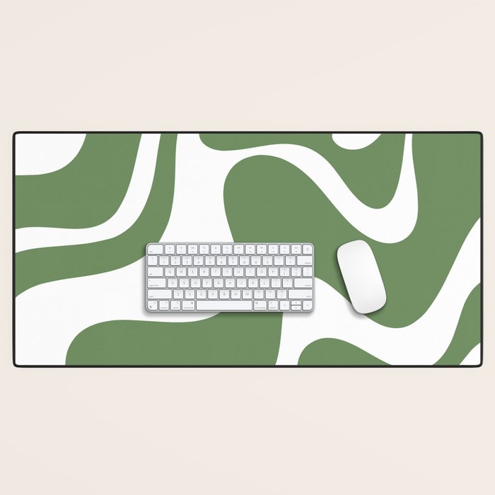 Retro Liquid Swirl Contemporary Abstract Pattern 2 in Fern Green and White Desk Mat Gallery Image 1