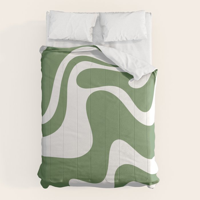 Retro Liquid Swirl Contemporary Abstract Pattern 2 in Fern Green and White Comforter Gallery Image 6
