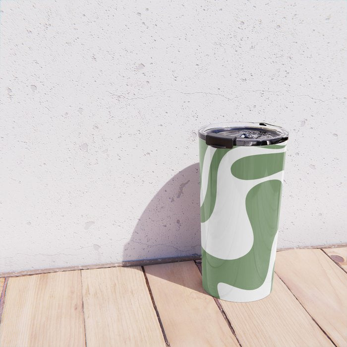 Retro Liquid Swirl Contemporary Abstract Pattern 2 in Fern Green and White Travel Mug Gallery Image 4