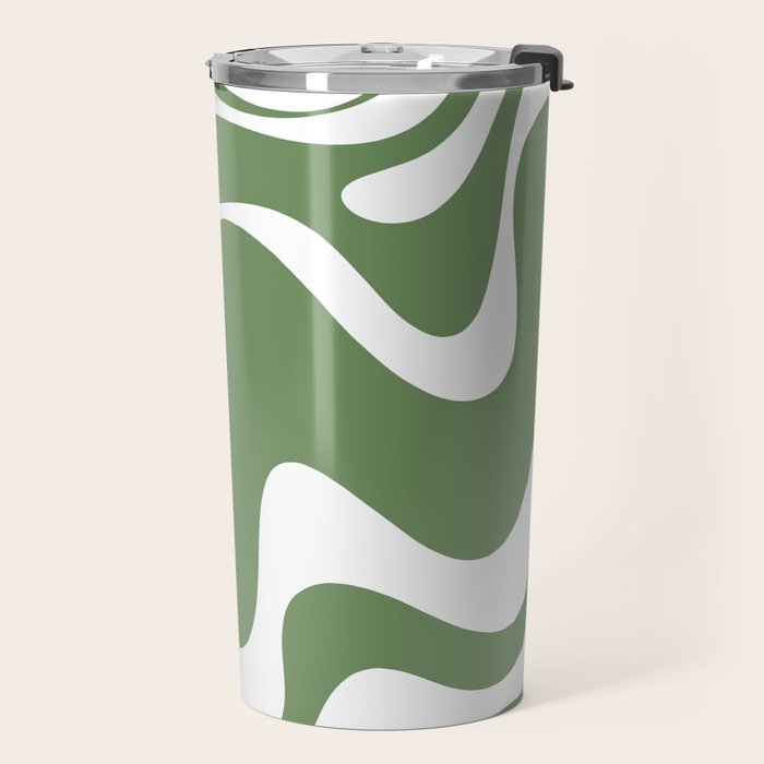 Retro Liquid Swirl Contemporary Abstract Pattern 2 in Fern Green and White Travel Mug Gallery Image 2
